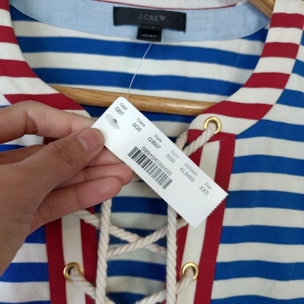 J. Crew Sammie Stripe Baltic 3/4 Sleeve Lace Up Nautical Maxi Dress Size XXS NWT